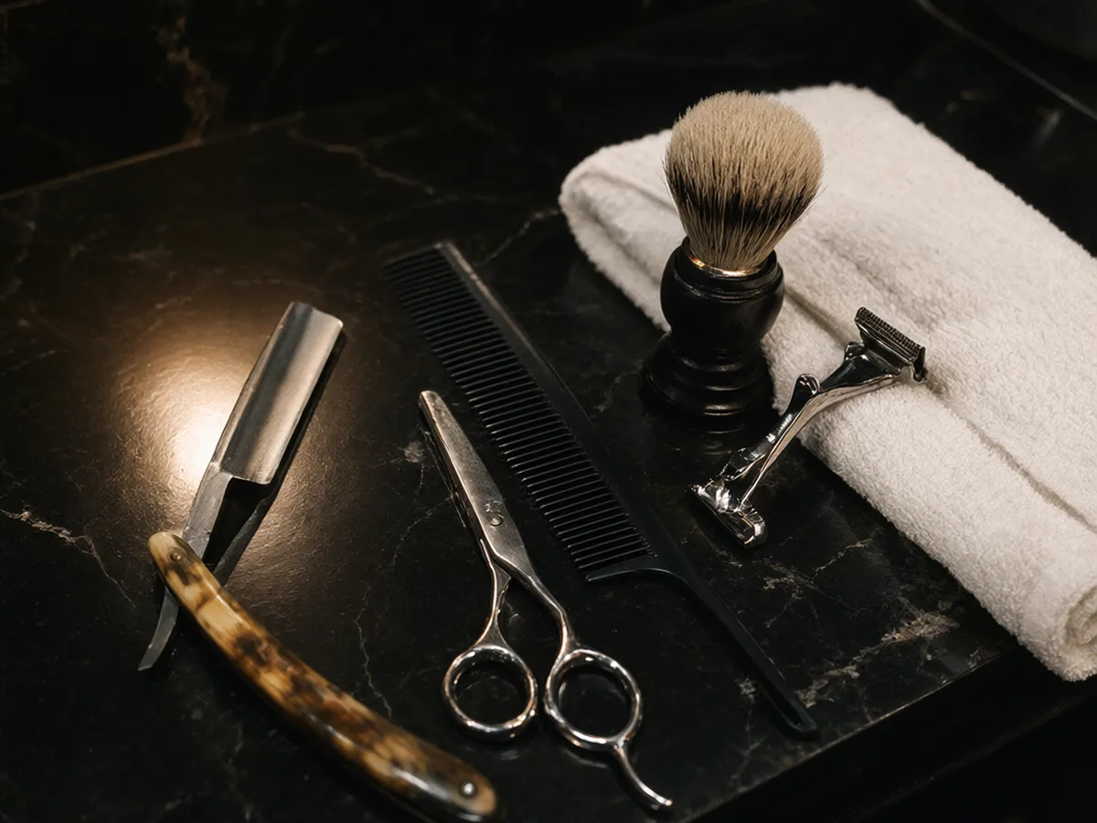 A straight razor, shears, a comb, a shaving brush and a clipper on black marble
